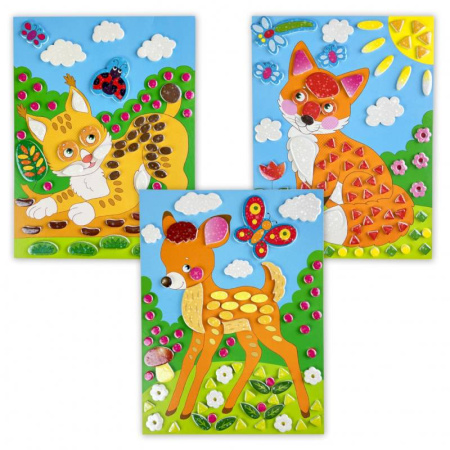 Аппликации и лепка, книга Разноцветная мозаика 3 в 1 Лисичка. Оленёнок. Рысёнок купить по скидке